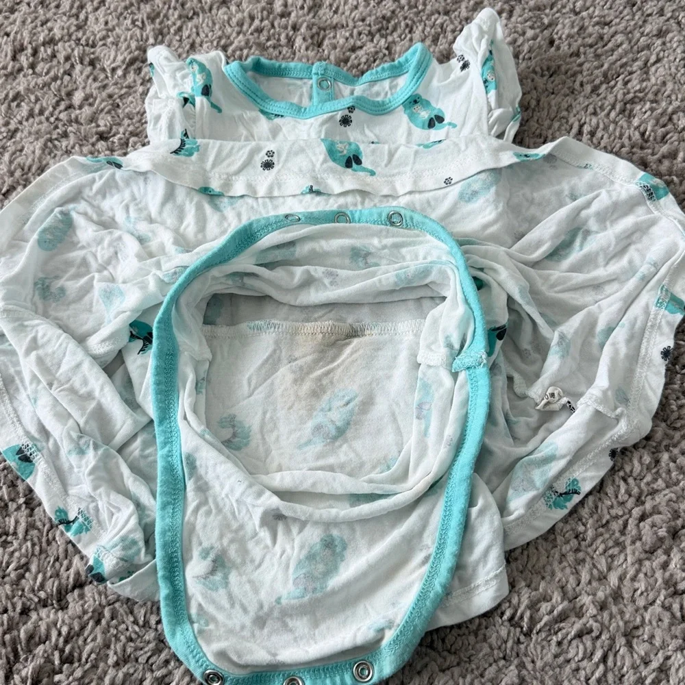 Kyte Baby Blue Otter Robin Cuddle Print Bamboo Bodysuit Twirl Dress